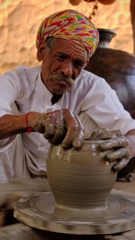 Indian potter at work: throwing the potter's wheel and shaping ceramic vessel and clay ware: pot, jar in pottery workshop. Experienced master. Handwork craft from Shilpagram, Udaipur, Rajasthan, India