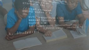 Animation of data processing over diverse schoolchildren reading. Global business, education and digital interface concept digitally generated video. - Powered by Shutterstock - Get 15% off with code: PIKWIZARD15