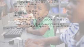 Animation of data processing over diverse schoolchildren using computer. Global business, education and digital interface concept digitally generated video. - Powered by Shutterstock - Get 15% off with code: PIKWIZARD15