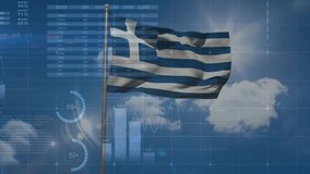 Animation of financial data processing with flag of greece over sky with clouds. Global business, finances, computing and digital interface concept digitally generated video. - Powered by Shutterstock - Get 15% off with code: PIKWIZARD15