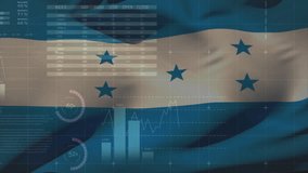 Animation of financial data processing over flag of honduras. Global business, finances, computing and digital interface concept digitally generated video. - Powered by Shutterstock - Get 15% off with code: PIKWIZARD15