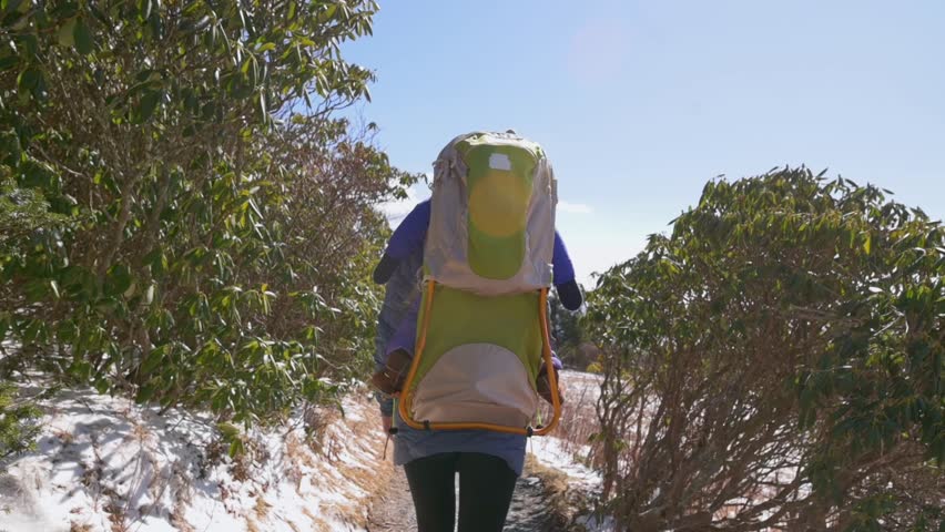 A parent hikes with their child in a backpack carrier along a snowy trail, surrounded by greenery and mountains.