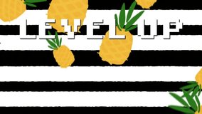 Animation of level up text over pineapples on black and white striped background. Global video game, digital interface, communication, computing and data processing concept digitally generated video. - Powered by Shutterstock - Get 15% off with code: PIKWIZARD15