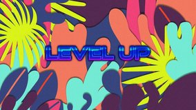 Animation of level up text over vibrant patterned background. Global video game, digital interface, communication, computing and data processing concept digitally generated video. - Powered by Shutterstock - Get 15% off with code: PIKWIZARD15