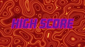 Animation of high score text over yellow lines on red background. Global video game, digital interface, communication, computing and data processing concept digitally generated video. - Powered by Shutterstock - Get 15% off with code: PIKWIZARD15