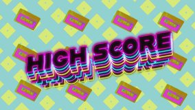 Animation of high score text over vibrant patterned background. Global video game, digital interface, communication, computing and data processing concept digitally generated video. - Powered by Shutterstock - Get 15% off with code: PIKWIZARD15