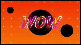 Animation of wow text over black spots on vibrant patterned background. Global video game, digital interface, communication, computing and data processing concept digitally generated video. - Powered by Shutterstock - Get 15% off with code: PIKWIZARD15