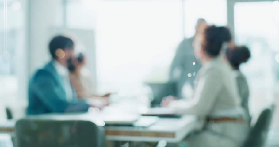 Business people, meeting and presentation with applause in blur for teamwork, coaching or collaboration at office. Presenter or mentor talking to group of employees on strategy or brainstorming ideas