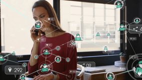 Animation of network of connections with people icons over caucasian businesswoman using smartphone. Global business, connections, computing and data processing concept digitally generated video. - Powered by Shutterstock - Get 15% off with code: PIKWIZARD15