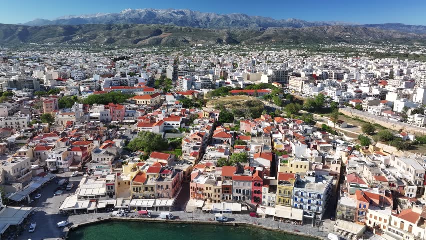Aerial view of the Mediterranean port (Venetian Harbour) of Chania, Crete, Greek Islands, Greece, Europe
