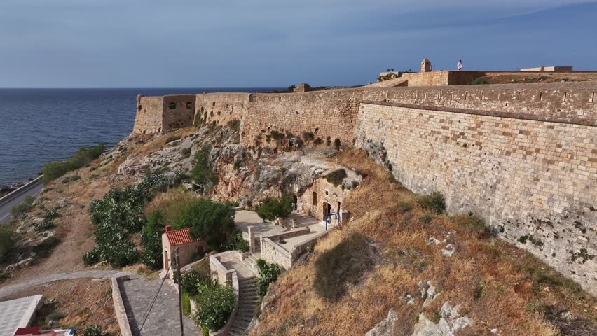 Aerial view of Venetian Fortezza Castle in Rethymno, drone shot 4k, Rethymno, Crete, Greek Islands, Greece, Europe