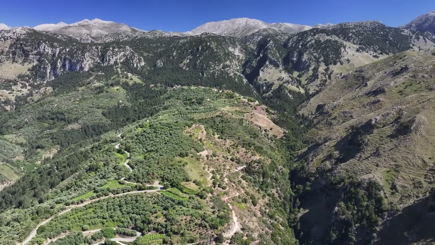 Aerial view of Lakki village in the foothills of the Lefka Ori, Crete, Greek Islands, Greece, Europe