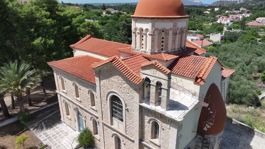 Aerial view of an Orthodox church in Gavalohori village, Crete, Greek Islands, Greece, Europe