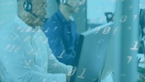 Animation of binary coding data processing over diverse business people with phone headsets. Global finance, business, connections, computing and data processing concept digitally generated video. - Powered by Shutterstock - Get 15% off with code: PIKWIZARD15