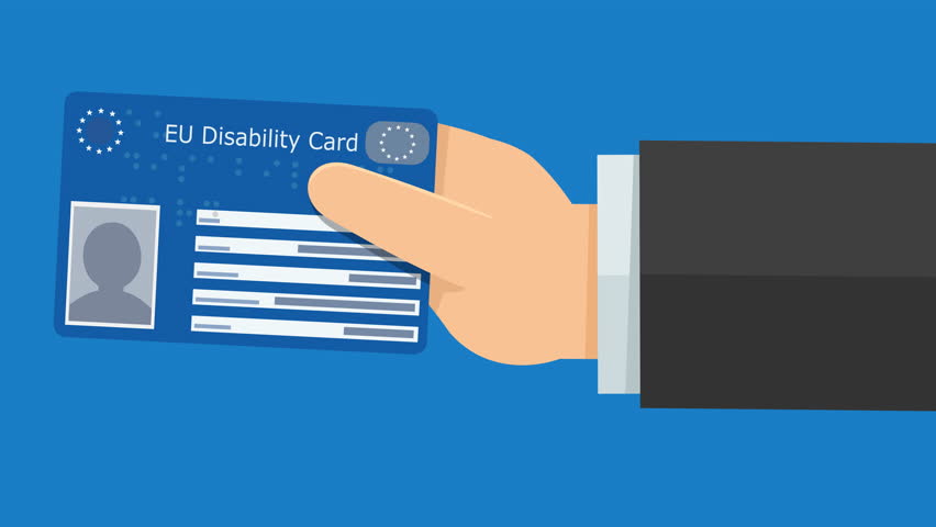 A hand presents an European Disability card from the right on blue background (flat design)