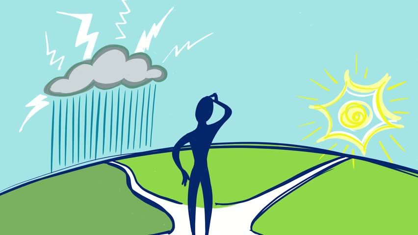 Animated cartoon illustration of a man standing at the crossroads. There are 2 roads to choose from. One leads to the bright sun and the other a dark storm.