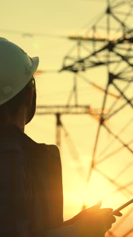 Civil engineer, female engineer in electricity supply works outdoors. Environmentally friendly electricity. Modern technologies. Power engineer in safety helmet checks power line, digital tablet