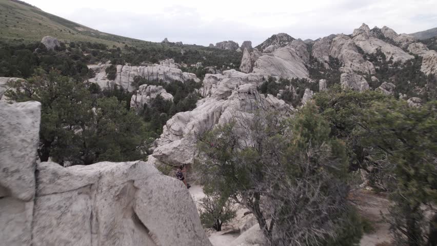 Aerial drone video of the City of Rocks National Reserve in Idaho, United States.  Rocky landscape in the western USA.