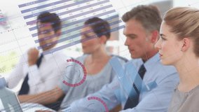 Animation of financial data processing over diverse business people in office. Global finance, business, connections, computing and data processing concept digitally generated video. - Powered by Shutterstock - Get 15% off with code: PIKWIZARD15