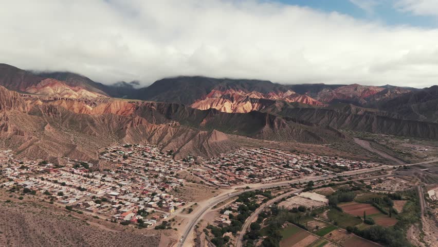Top angle drone shot of Tilcara, Jujuy province, Argentina, surrounded by Quebrada de Humahuaca.