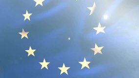 Animation of network of connections with icons over flag of eu and clouds. Social media, patriotism and digital interface concept digitally generated video. - Powered by Shutterstock - Get 15% off with code: PIKWIZARD15