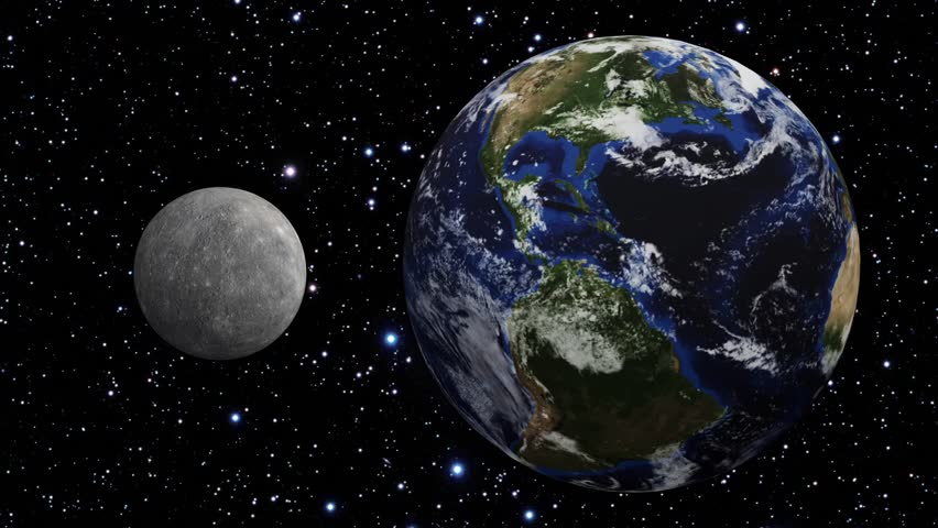 Animation of the planets Earth and Mercury spinning in space as compared to each other in size, rotation speed, and axis tilt. 1080 HD 60fps. 1920 x 1080.