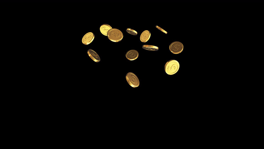 Gold dollar coin splash on alpha channel background.