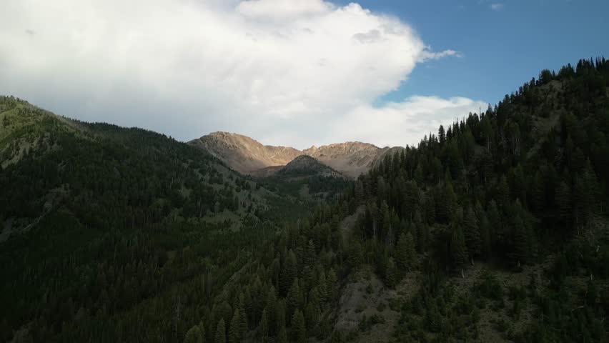 Aerial of mountain peaks in Sawtooth national forest near Sawtooth City Idaho in summer