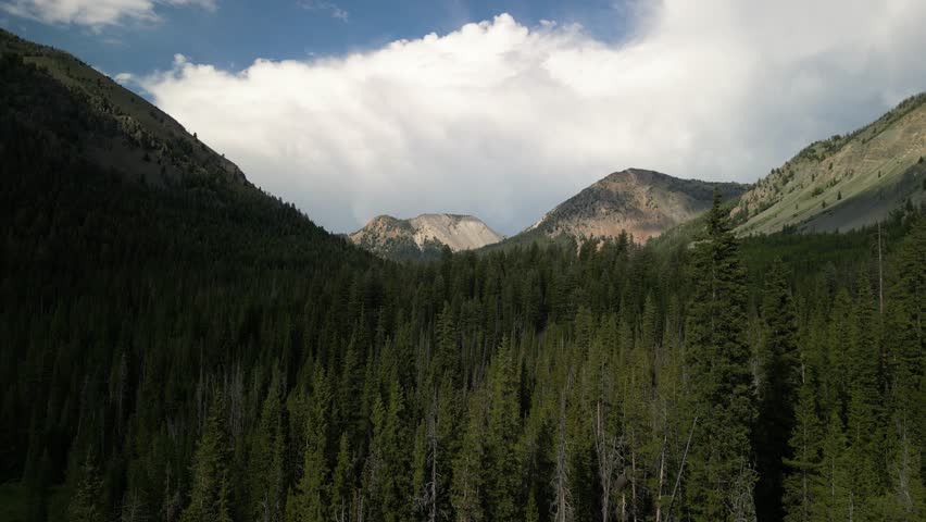 Aerial of Sawtooth National Forest mountains near Sawtooth City Idaho in summer