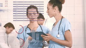 Animation of financial data processing over diverse doctors. Global medicine, finance, business, connections, computing and data processing concept digitally generated video. - Powered by Shutterstock - Get 15% off with code: PIKWIZARD15