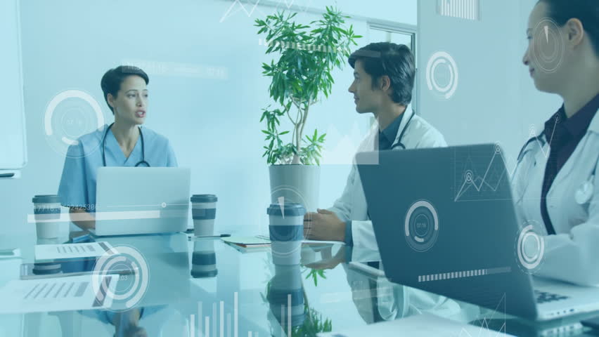 Animation of data processing over diverse doctors talking at meeting. Global medicine and digital interface concept digitally generated video. - Powered by Shutterstock - Get 15% off with code: PIKWIZARD15