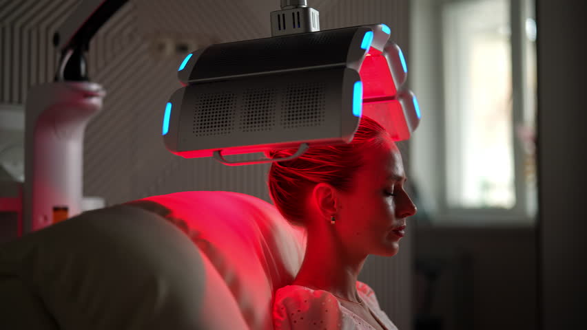 Beautiful blonde female with closed eyes having LED red light hair photodynamic therapy during hair treatment at medical clinic with dark interior. Young woman client having non-invasive type of PTD.