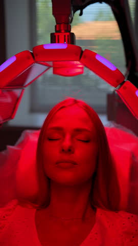 Vertical portrait of woman client having non-invasive type of phototherapy in medical clinic during hair treatment. Blonde female lying on procedure chair having LED light hair photodynamic therapy.