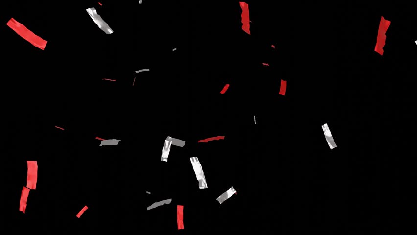 Falling shiny red and white confetti isolated on transparent video black background. Bright festive tinsel indonesia, poland and monaco color.