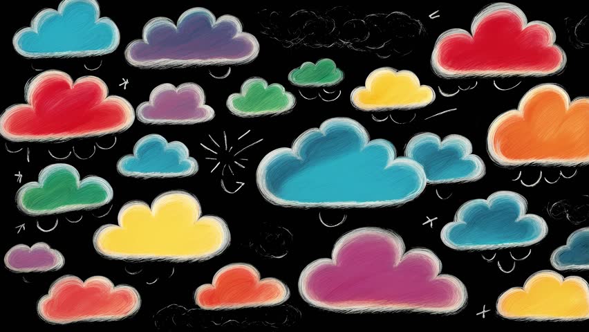 Dynamic loop background, chalk child's drawing of colored clouds on a black background