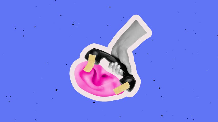 Human ear and retro phone glued with finger tape. Stop motion, animation. Inspiration, idea, magazine style. Art, beauty, surrealism. Objects, things as an integral part of single whole concept