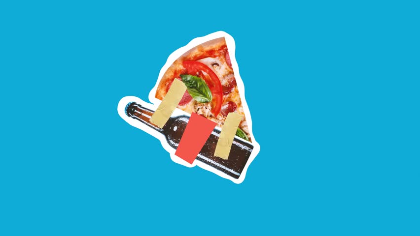 Beer and snacks, pizza glued with finger tape. Stop motion, animation. Inspiration, idea, magazine style. Art, beauty, style, surrealism. Objects, things as an integral part of single whole concept