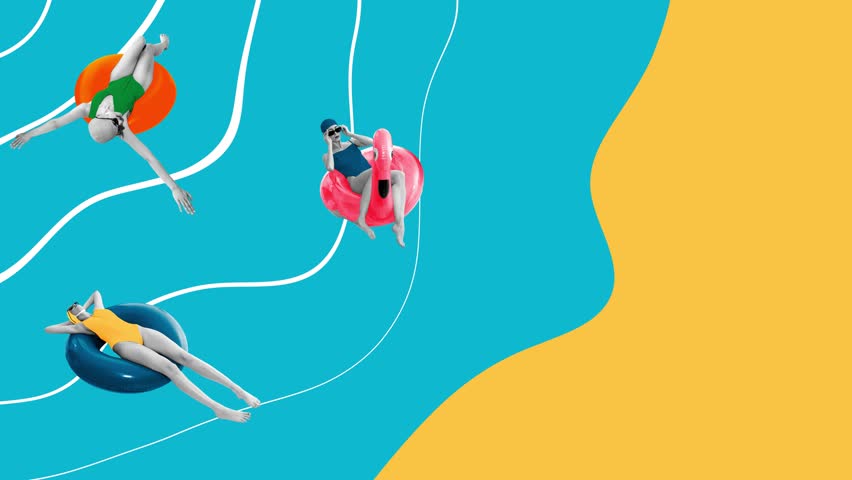 Women in swimsuits on colorful pool floats against stylized blue and yellow background with wavy white lines, creating surreal beach scene. Stop motion, animation. Summer, vacation, relaxation concept