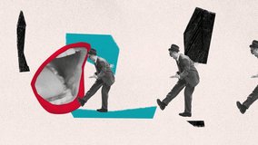 Composition with man in retro style outfit steps into large open mouth abstract background. Stop motion, animation. Concept of emotions, vintage style, surrealism, imagination, inspiration. - Powered by Shutterstock - Get 15% off with code: PIKWIZARD15
