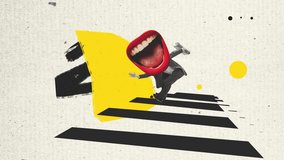 Freestyle. Stop motion, animation. Man in 50s, 60s fashion style clothes headed of female mouth, painted lips rides skateboard isolated on abstract background. Surrealism, creation - Powered by Shutterstock - Get 15% off with code: PIKWIZARD15