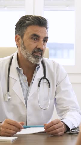 Confident male doctor talking to patient in clinic during daytime