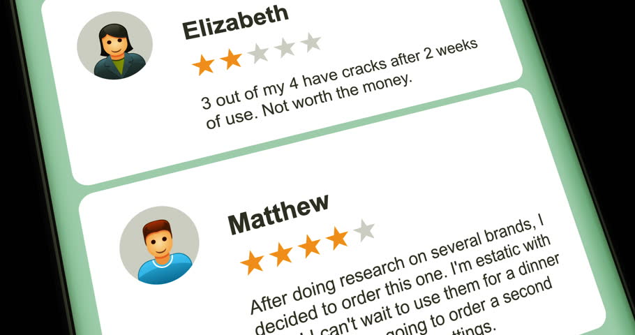 Scrolling cards with customer reviews and rating on smartphone screen, product or services testimonials, users feedback plates, footage
