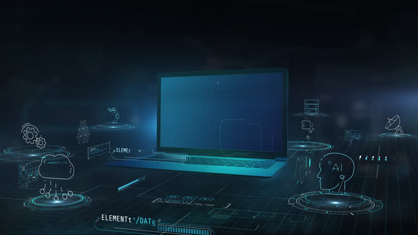 3D infographic scenes in front of an open laptop.