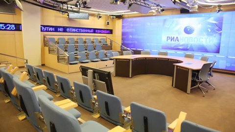 MOSCOW - FEB 28: (corner view) Modern President Hall in RIA Novosti, Feb 28, 2013, Moscow Russia. Russian International News Agency (RIA Novosti) is state-owned, one of largest news agencies in Russia