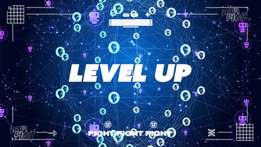 Animation of digital data processing over level up text over connections with chat bot icons. Global video game, connections, computing and data processing concept digitally generated video. - Powered by Shutterstock - Get 15% off with code: PIKWIZARD15