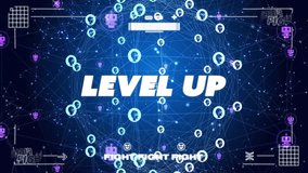 Animation of digital data processing over level up text over connections with chat bot icons. Global video game, connections, computing and data processing concept digitally generated video. - Powered by Shutterstock - Get 15% off with code: PIKWIZARD15