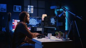 Freelancer using computer, interacting with artificial intelligence software using AR tech. Remote worker working with AR technology, giving commands to virtual AI companion. 3D Illustration - Powered by Shutterstock - Get 15% off with code: PIKWIZARD15