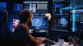 Freelancer using computer, interacting with artificial intelligence software using AR tech. Remote worker working with AR technology, giving commands to virtual AI companion. 3D Illustration - Powered by Shutterstock - Get 15% off with code: PIKWIZARD15