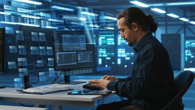 Admin in data center using augmented reality technology to do flow based programming, XR nodes interface. Server room worker looking at AR visualization hologram, tracking network. 3D Illustration - Powered by Shutterstock - Get 15% off with code: PIKWIZARD15