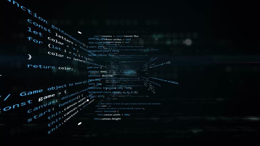abstract digital programming tunnel with camera zoom across coding language with electric lines. High technology animation